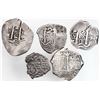 Image 1 : Lot of five Potosi, Bolivia, cob 2 reales: 1661 E, 1674 E, 1710 Y, 1721 Y, and 1754 C+q.