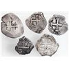 Image 2 : Lot of five Potosi, Bolivia, cob 2 reales: 1661 E, 1674 E, 1710 Y, 1721 Y, and 1754 C+q.