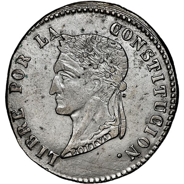 La Paz, Bolivia, 4 soles, 1855 F, Potosi-style head, NGC AU details / cleaned.