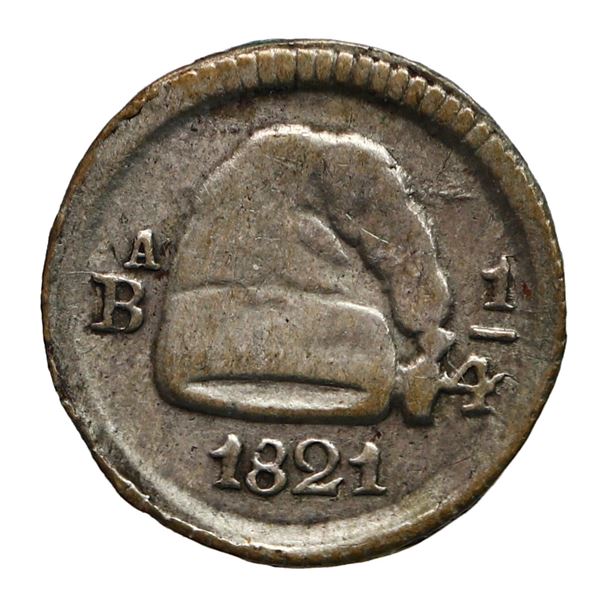 Bogota, Colombia, 1/4 real, 1821, mintmark BA to left (no dot), denomination 1/4 to right.