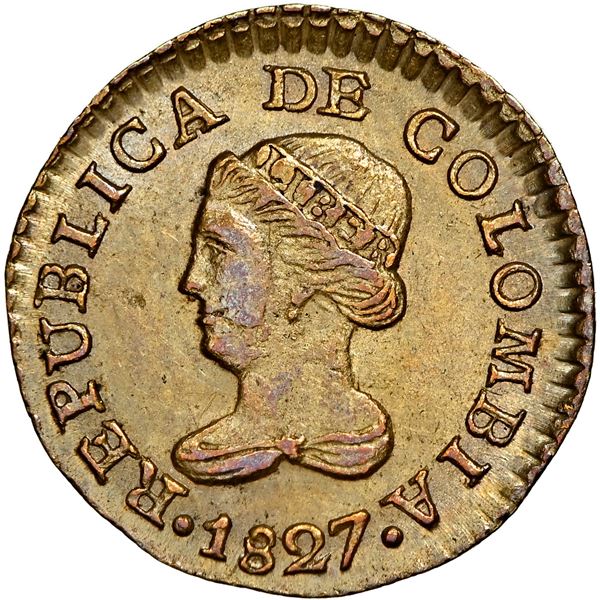 Bogota, Colombia, gold 1 peso, 1827 R.R, NGC AU 58.