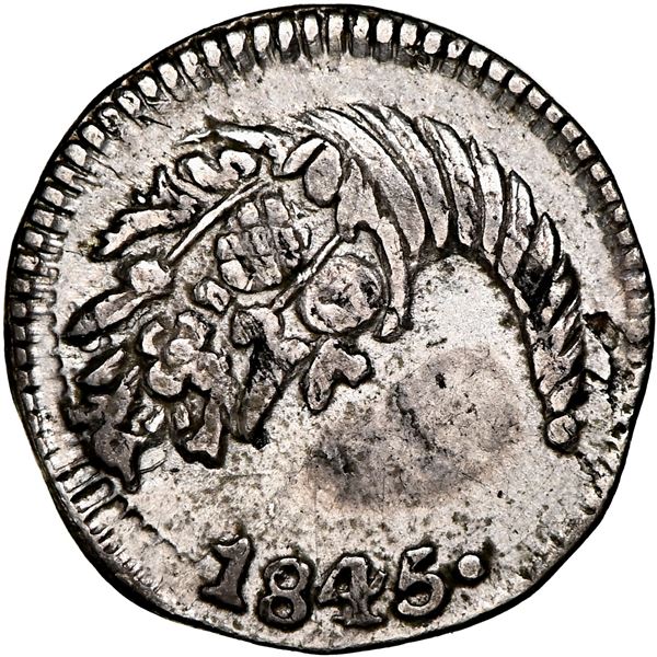 Bogota, Colombia, 1/4 real, 1845, six-point stars, NGC AU 53.