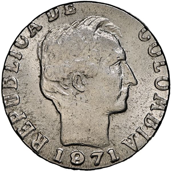 Colombia, 20 centavos, 1971, divided legend, struck on a copper-nickel 10-centavos planchet error, N