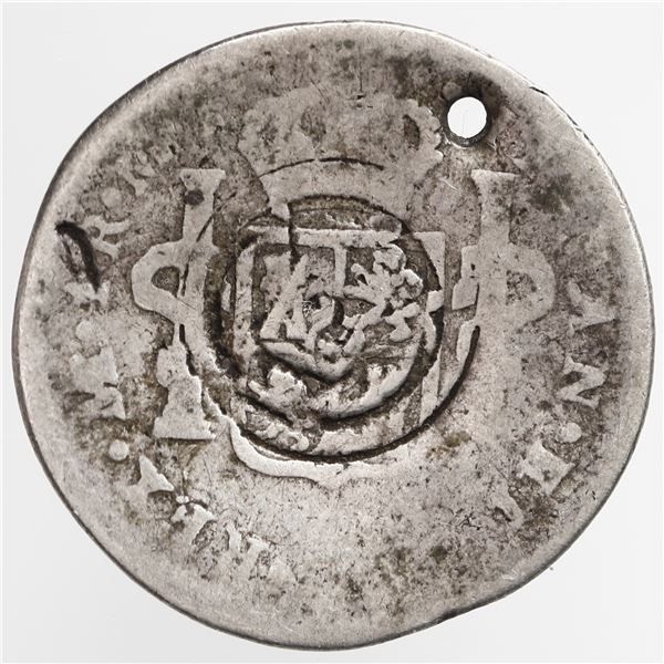 El Salvador, 1 real, arms countermark (Type V, 1868) on reverse of a Lima, Peru, bust 1 real, 1777 M