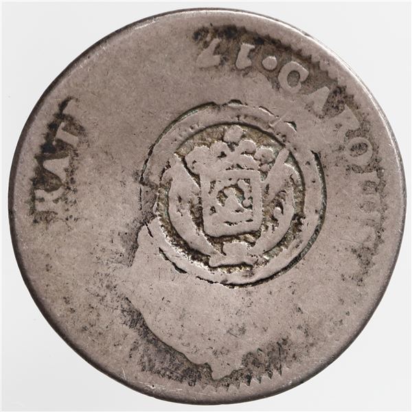 El Salvador, 1 real, arms countermark (Type V, 1868) on reverse of a Potosi, Bolivia, bust 1 real of