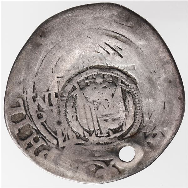 El Salvador, 1 real, arms countermark (Type V, 1868) on shield side of a Mexico City, Mexico, cob 1 