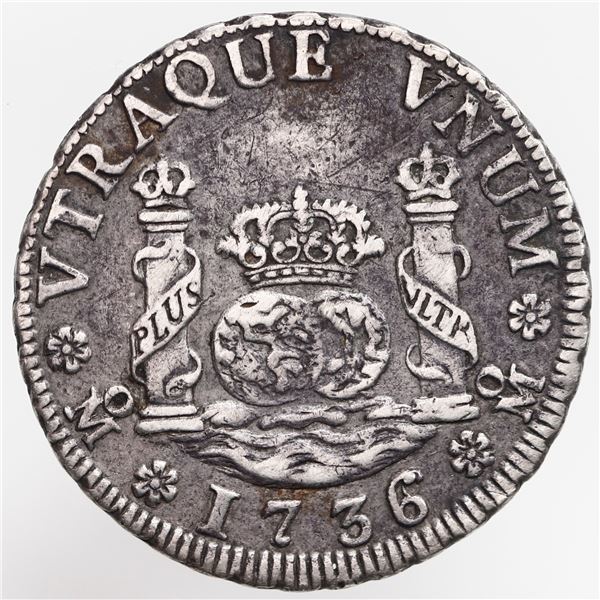 Mexico City, Mexico, pillar 2 reales, Philip V, 1736/5 MF, rosettes above and below denomination and