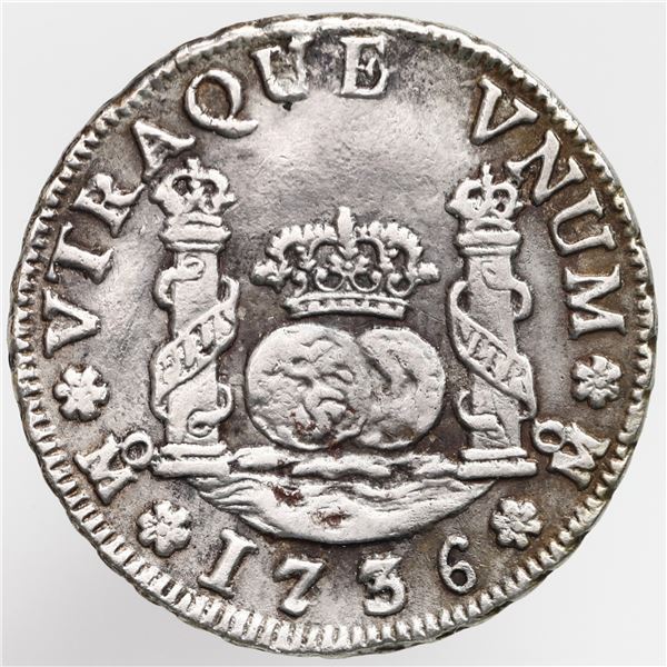 Mexico City, Mexico, pillar 2 reales, Philip V, 1736 MF, no overdate, cinquefoils above and below de