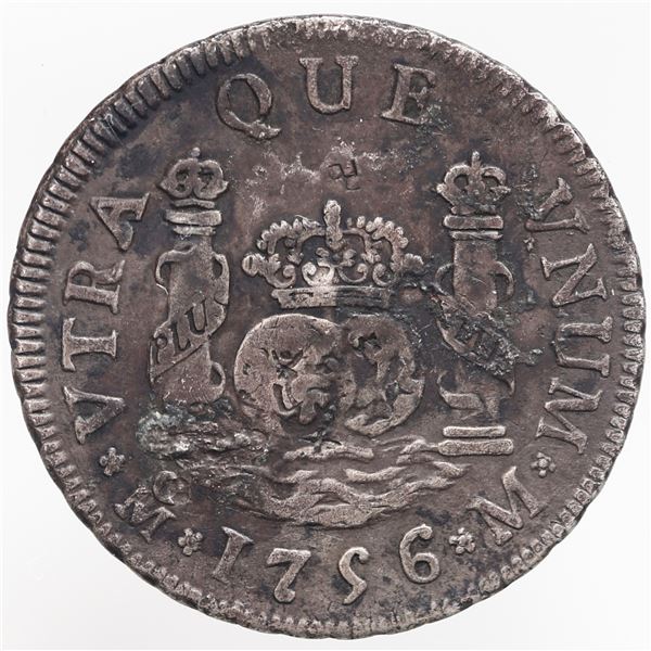 Mexico City, Mexico, pillar 2 reales, Ferdinand VI, 1756 M, with chopmarks as from circulation in As