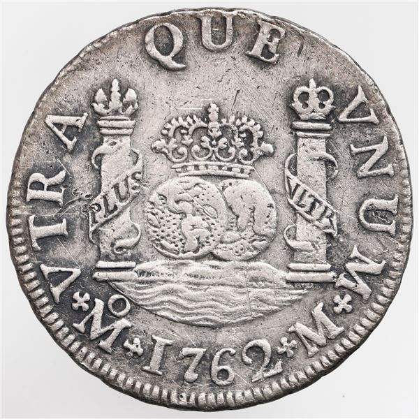 Mexico City, Mexico, pillar 2 reales, Charles III, 1762 M, large 2 in date.