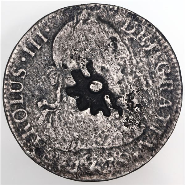 Mexico City, Mexico, bust 2 reales, Charles III, 1779 FF, with unidentified sunburst countermark on 