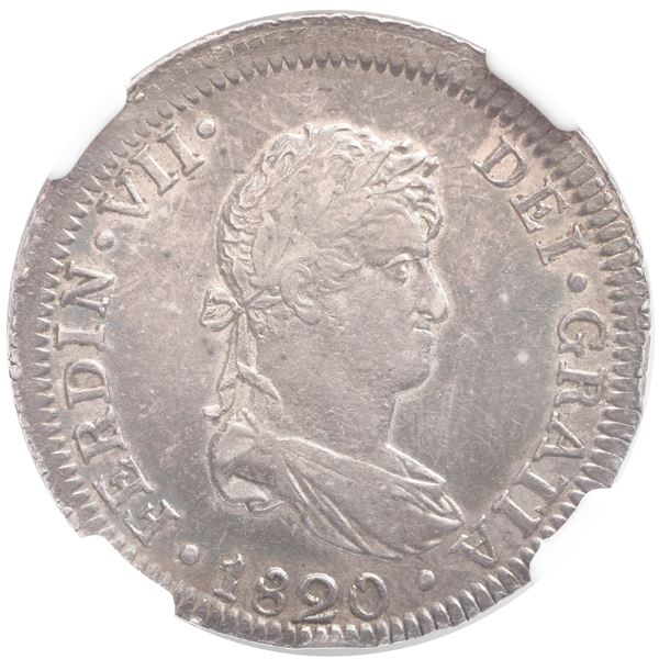 Lima, Peru, bust 2 reales, Ferdinand VII, 1820 JP, NGC AU 58.