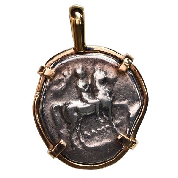 Calabria, Tarentum, AR didrachm, "boy on dolphin," 235-228 BC, mounted in 14K gold bezel with fixed 