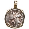 Image 1 : Roman Republic, AR denarius, L.Trebanius, 135 BC, mounted head out in 14K gold bezel with fixed bail
