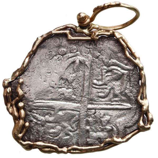 Potosi, Bolivia, cob 8 reales, 1620 (T), Grade 4, ex-Atocha (1622), mounted cross-side out in unique