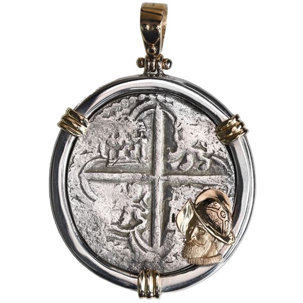 Potosi, Bolivia, cob 8 reales, Philip III, assayer not visible, Grade 2, ex-Atocha, mounted cross-si