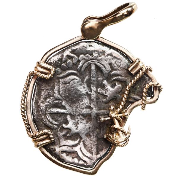 Potosi, Bolivia, cob 4 reales, Philip III, assayer curved-leg R, Grade 4, ex-Atocha (1622), mounted