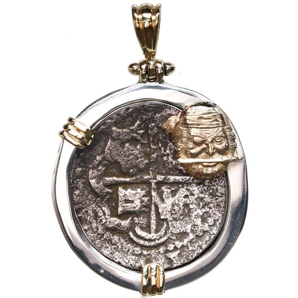 Potosi, Bolivia, cob 2 reales, Philip III, assayer not visible, Grade 4, ex-Atocha (1622), mounted c