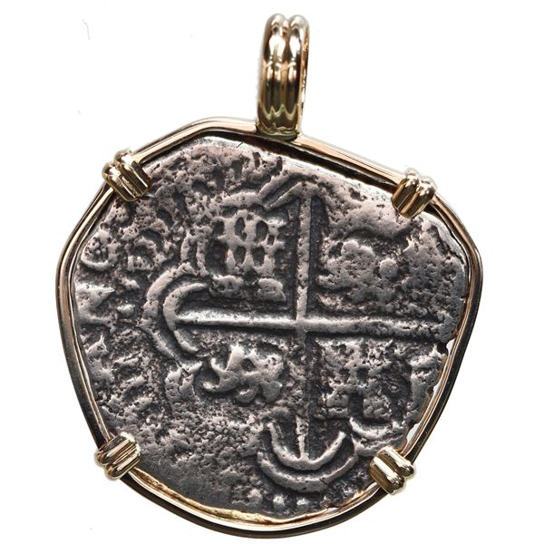 Potosi, Bolivia, cob 2 reales, Philip IV, assayer T, ex-Capitana (1654), mounted cross-side out in 1