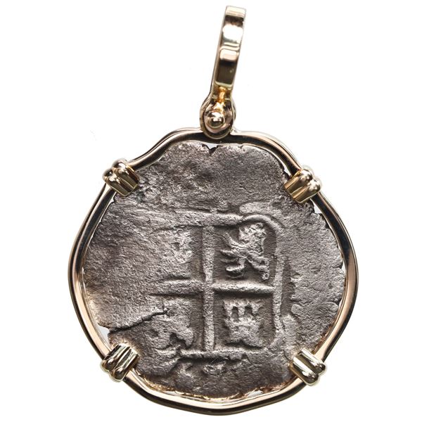 Potosi, Bolivia, cob 2 reales, 1654 E, ex-Capitana (1654), mounted cross-side out in 14K gold bezel