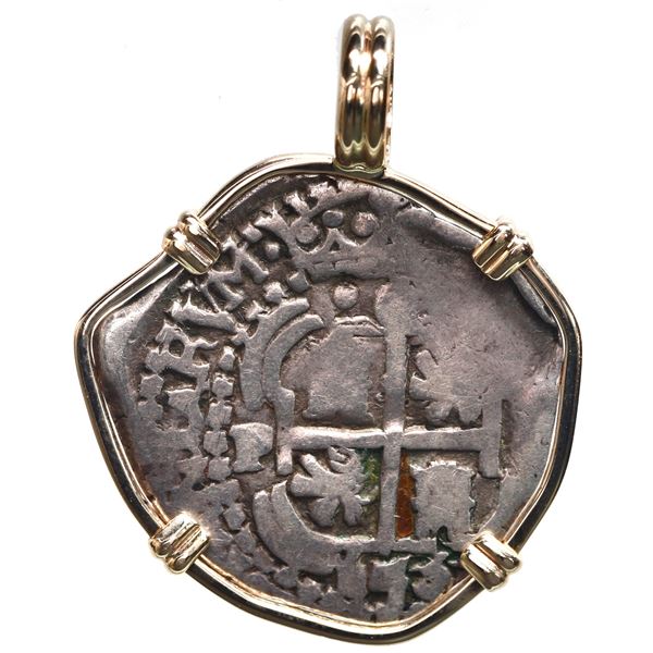 Potosi, Bolivia, cob 1 real, 1653 E with dot-PH-dot at top, ex-Capitana, (1654), mounted cross-side