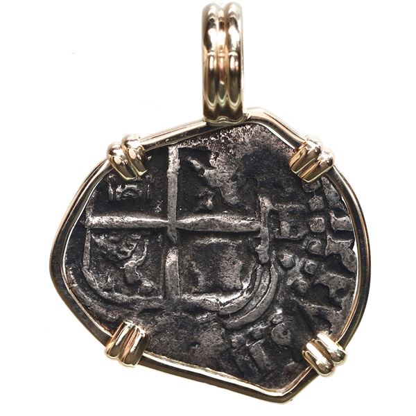 Potosi, Bolivia, cob 1 real, 1654 E with dot-PH-dot at top, ex-Capitana (1654), mounted cross-side o