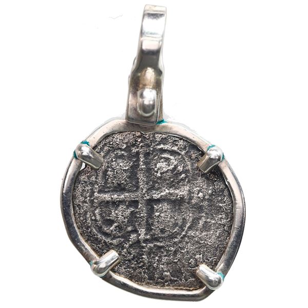 Potosi, Bolivia, cob 1 real, 1657 E, ex-Consolacion (1681), mounted in silver bezel with shackle bai