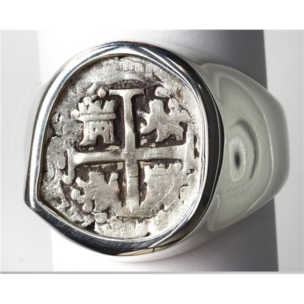 Lima, Peru, cob 1/2 real, Charles II, date not visible, mounted cross-side up in silver ring, size 1