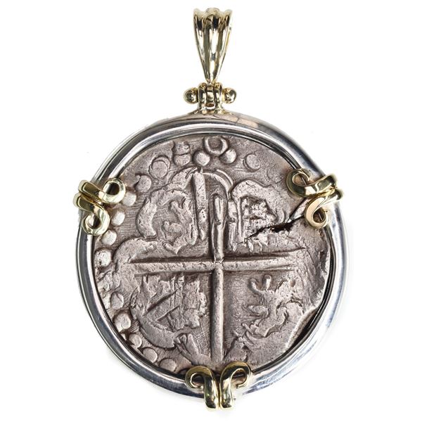 Potosi, Bolivia, cob 8 reales, (1629 T), denomination 8, heavy-dot borders, mounted cross-side out i