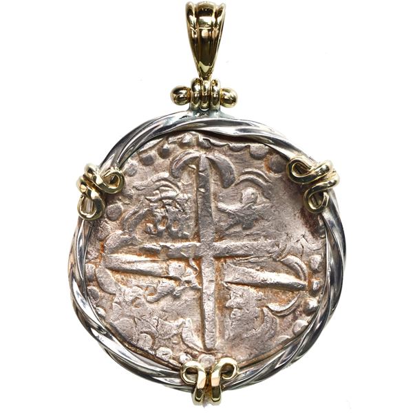 Potosi, Bolivia, cob 4 reales, Philip IV, assayer T (mid- to late 1620s), mounted cross-side out in