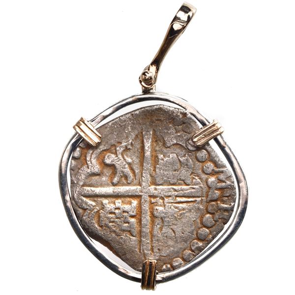 Potosi, Bolivia, cob 4 reales, Philip IV, assayer T, ex-"Panama Hoard" (ca. 1629), mounted cross-sid