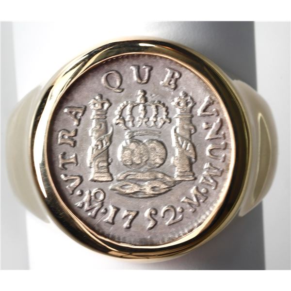 Mexico City, Mexico, pillar 1/2 real, Ferdinand VI, 1752 MM mounted pillars-side up in 14K gold ring