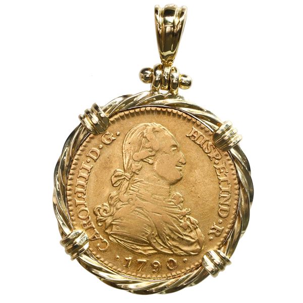 Madrid, Spain, gold bust 2 escudos, Charles IV, 1790 MF, mounted bust-side out in twisted-wire 18K g