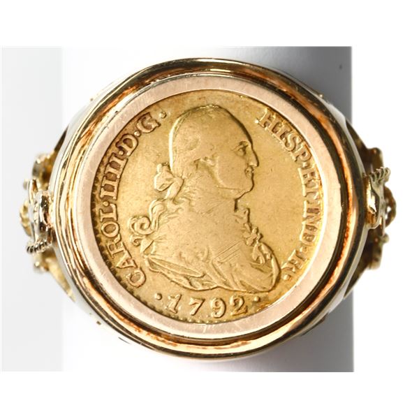 Madrid, Spain, gold bust 1 escudo, Charles IV, 1792 MF, mounted in 14K men's ring, size 12-1/2.