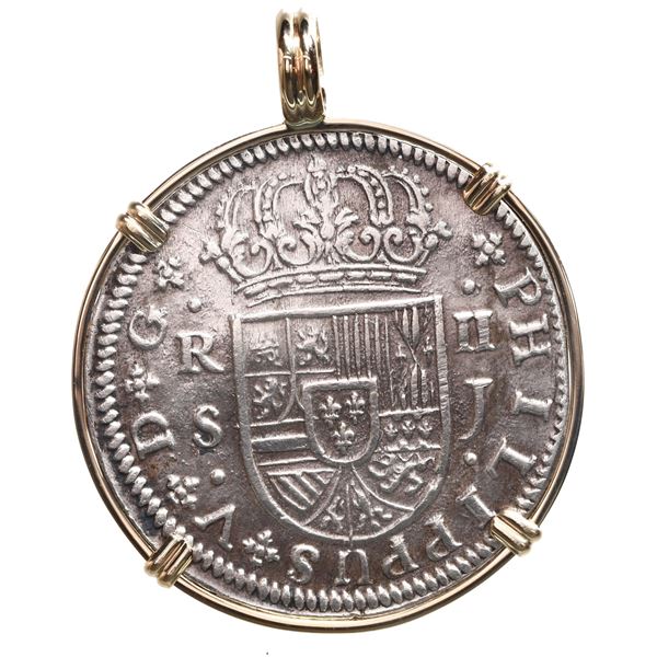 Seville, Spain, milled 2 reales, Philip V, 1721 J, mounted in 14K gold bezel with fixed bail.