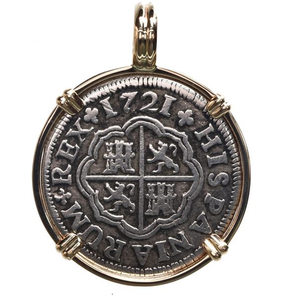 Seville, Spain, milled 1 real, Philip V, 1721 J, mounted in 14K gold bezel with fixed bail.