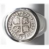 Image 1 : Seville, Spain, milled 1/2 real, Philip V, 1732 PA, mounted cross-side up in silver ring, size 9-1/2