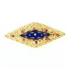 Image 1 : Vintage 18k Gold Round Ruby & Dark Blue Enamel Long Marquise Filigree Brooch Pin