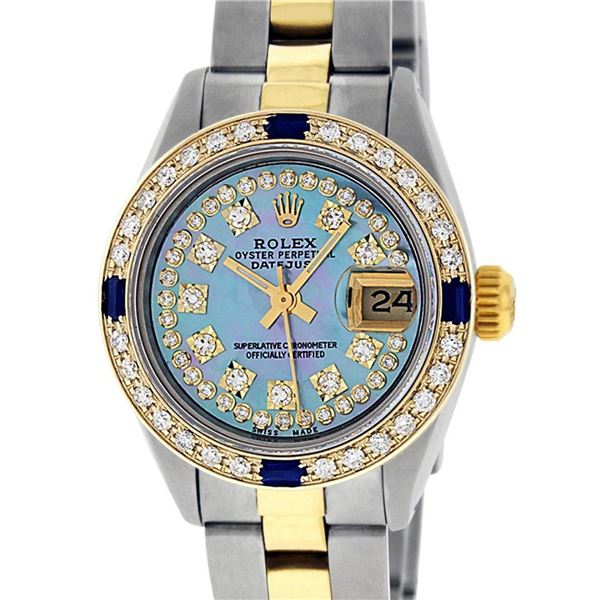 Rolex Ladies 2 Tone 18K Gold Bezel Blue String Diamond & Sapphire Datejust Wrisw