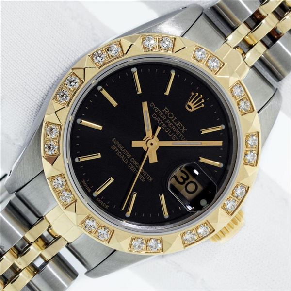 Rolex Ladies 2 Tone Black Index & Pyramid Diamond Oyster Perpetual Datejust Wris