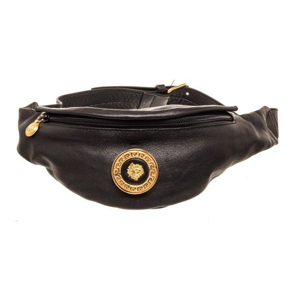 Versace Black Leather Waist Pouch Bag