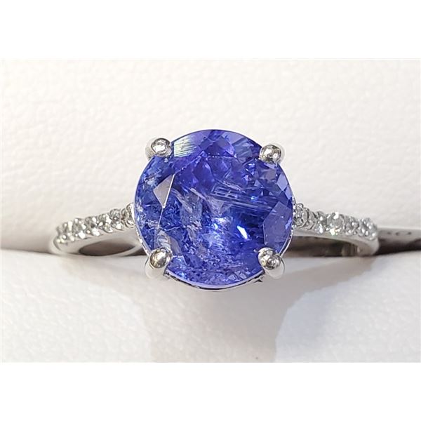 Certified Platinum Round Cut Natural Tanzanite(3ct) 14 Diamonds(0.1Ct, Vs1-Vs2, F-G) Ring