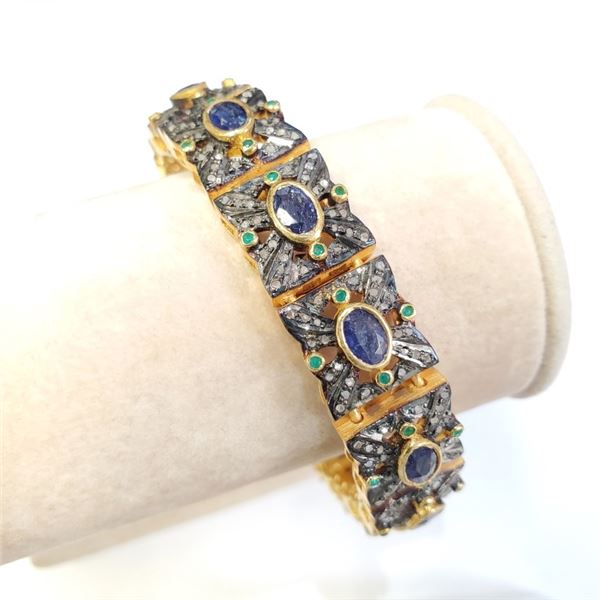 Certified Silver Sapphire(8.55ct) Emerald(0.6ct) Diamond(7.65ct) Bracelet