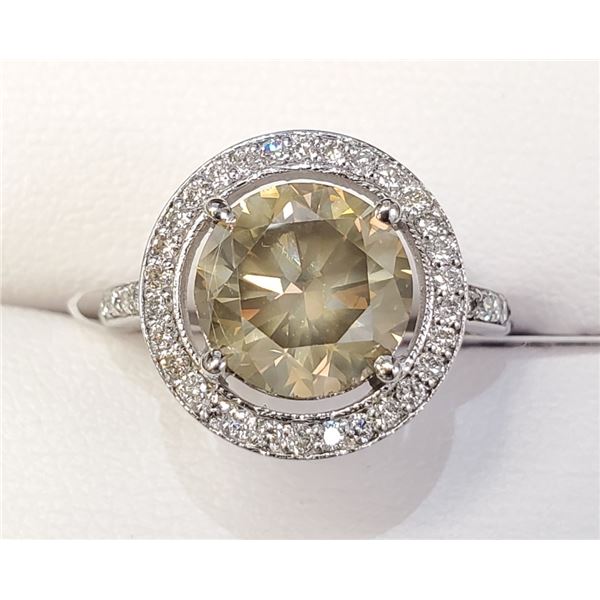 Certified 14K  Diamond(3.06Ct,Vs2,Fancy Deep Greeish Yellow)+0.4Ct Ring