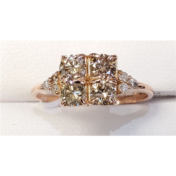 Certified 14K  4 Diamonds(0.79Ct,Si2-I1,Yellowish Green And Brown)+0.06Ct Ring