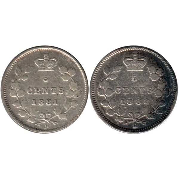 Canada 5 Cents Silver Lot of 2 1881H & 1882H, F/VF
