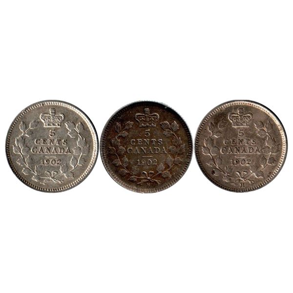 Canada 5 Cents Silver, Lot of 3 1902/1902H, all EF