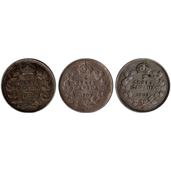 Canada 5 Cents Silver, Lot of 3 1903/1903H, all EF