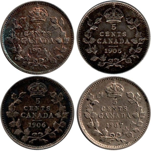 Canada 5 Cents Silver, Lot of 4 coins, 1904-1907, all EF
