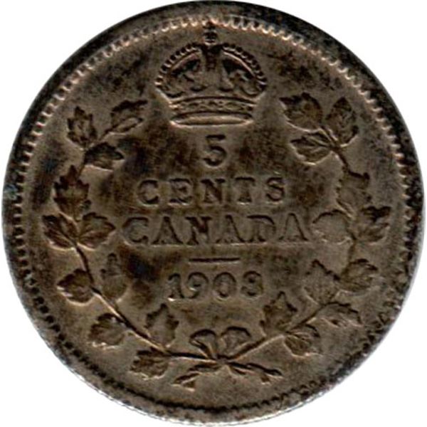Canada 5 Cents Silver, 1908 Small 8 EF